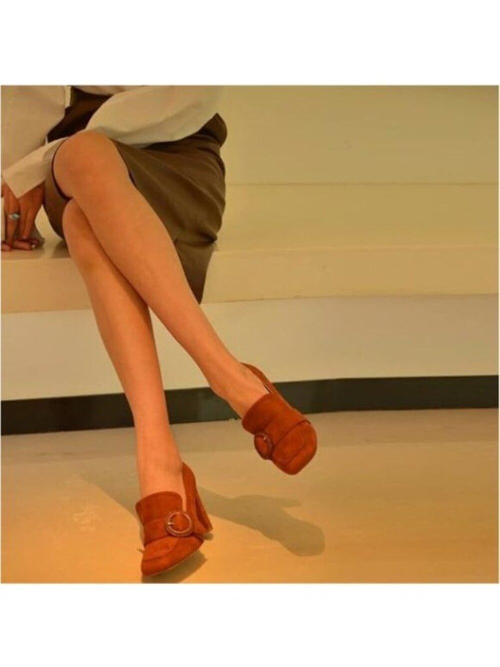YDN Brown Buckle Chunky High Heels Square Toe Loafer Slip On Suede Office Pump